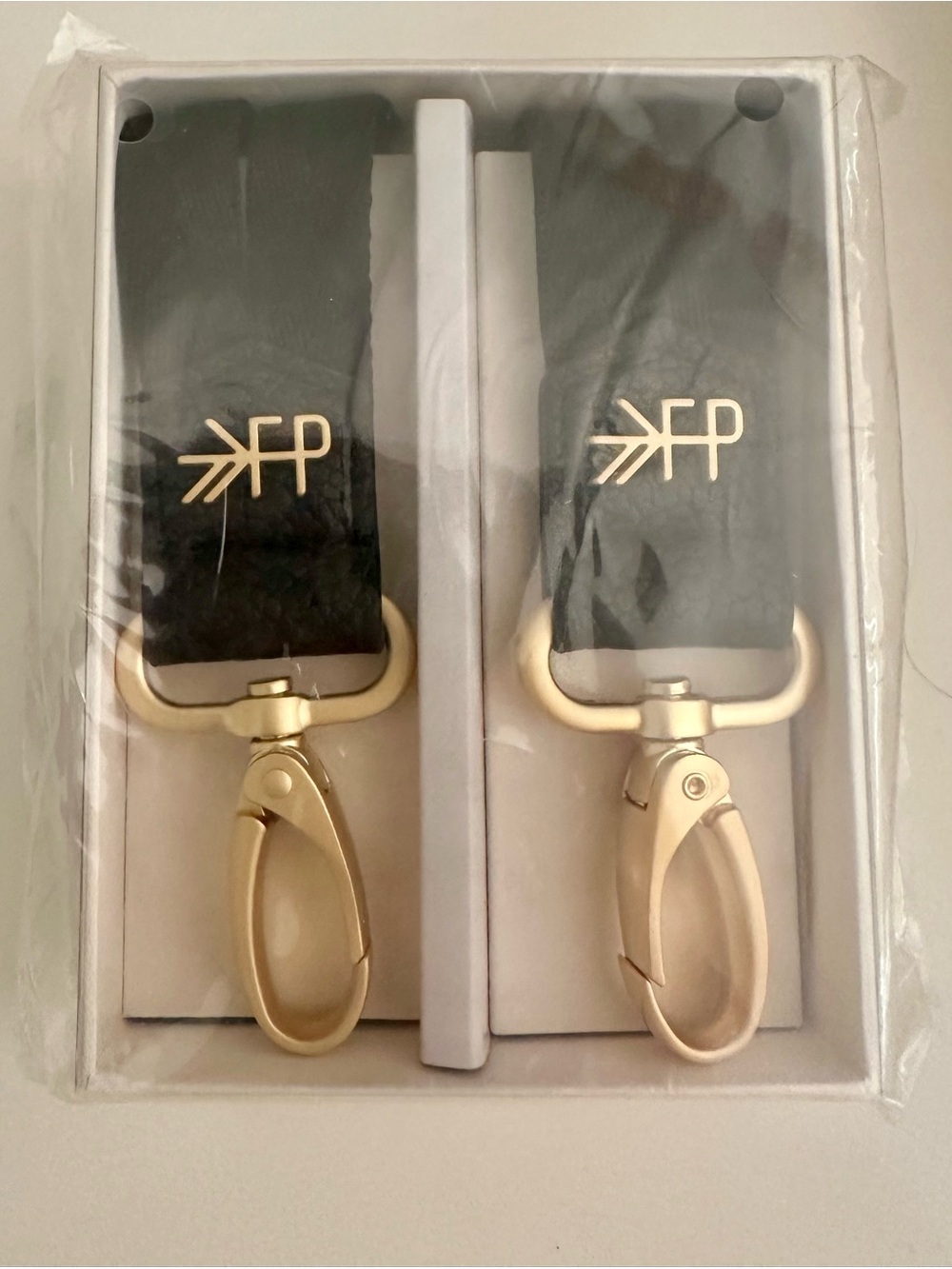 NEW IN BOX- Freshly Picked Black Leather Key Fobs with Gold Hardware - Pair